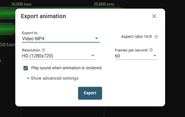 LivingCharts video export interface for exporting animated charts as MP4 videos